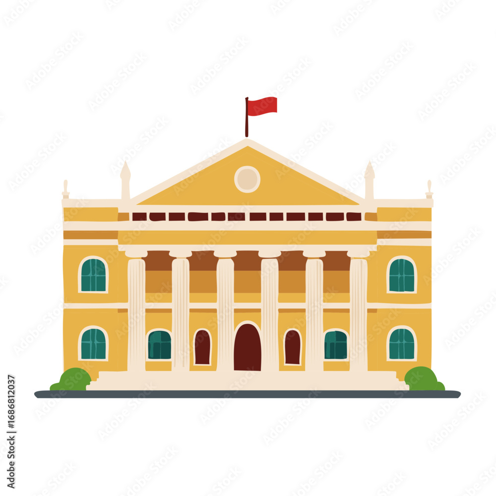 Poster classical architecture building with columns and flag