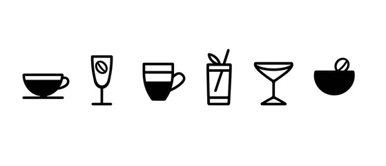 Uniform row of drink and coffee glyphs designed with consistent bold strokes, isolated on transparent background. 