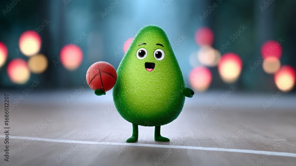 Poster a cartoon character holding a basketball and smiling. the image has a playful and lighthearted mood.