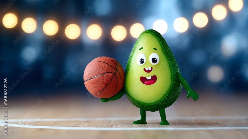 Poster A cartoon avocado is holding a basketball. Scene is lighthearted and playful. The idea is to create a fun and quirky character that combines two seemingly unrelated things, such as a vegetable