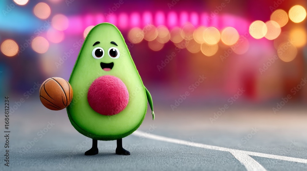 Poster a cartoon avocado is holding a basketball. the image has a playful and lighthearted mood. the avocad