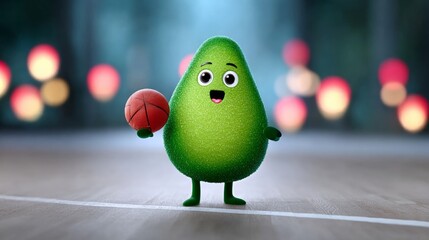A cartoon character holding a basketball and smiling. The image has a playful and lighthearted mood. The character is a green avocado, which is an unusual and unexpected choice for a basketball player