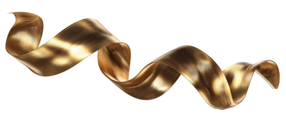 Flowing golden ribbon stream with metallic sheen and gentle S-shaped curves, isolated on transparent background.
