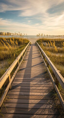 Obraz premium Wooden boardwalk path leading through a grassy marsh at sunset.