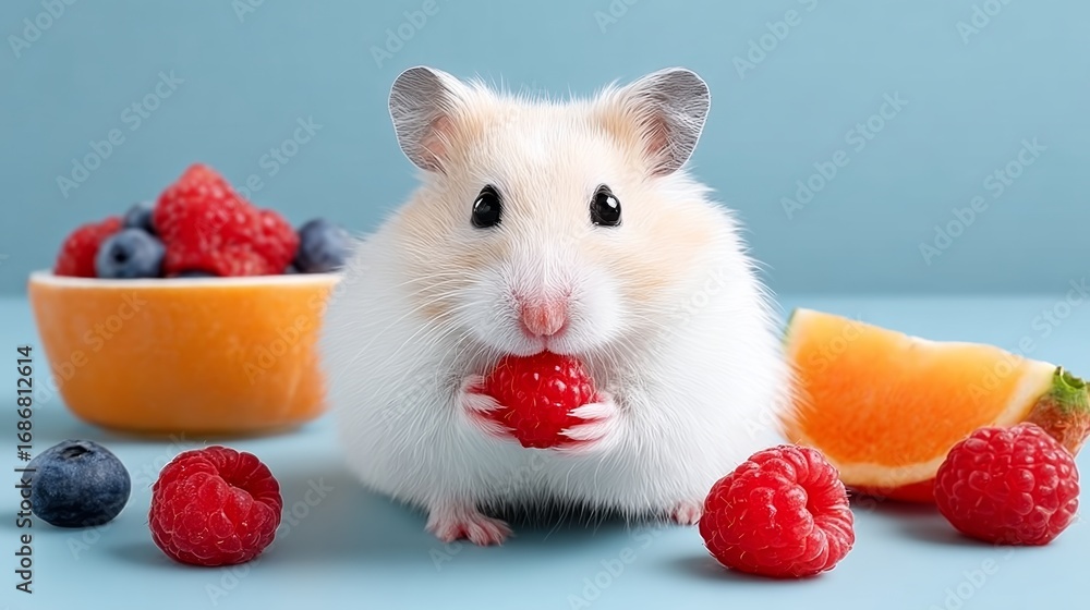Poster a hamster is eating a raspberry while surrounded by fruit. the hamster is the main focus of the imag