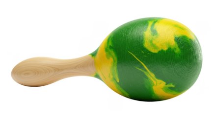 Green and Yellow Maraca with Wooden Handle for Rhythmic Music.