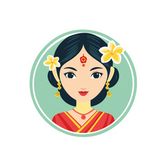 Beautiful Hindu Woman Cartoon Portrait with Flowers and Traditional Red Sari