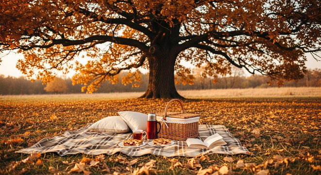A family picnic under a large oak tree in autumn. - Powered by Adobe