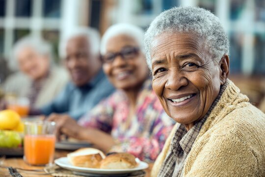 Joyful gathering of elderly friends enjoying a meal together in a warm and inviting outdoor setting