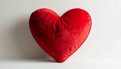 Soft plush red heart‑shaped pillow with symmetrical design and slight center wrinkles, placed on white background