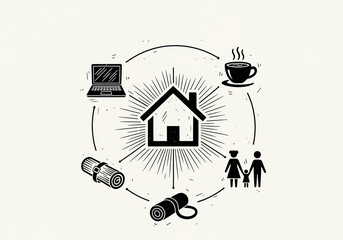 A minimalist icon showing the connections between home, work, and family life.