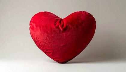 Soft plush red heart‑shaped pillow with symmetrical design and slight center wrinkles, placed on white background