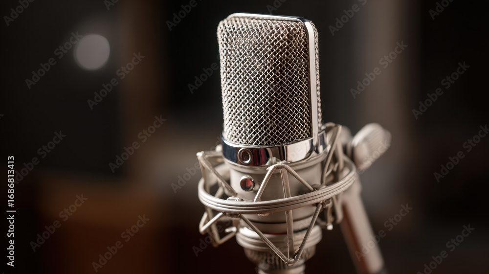 Poster Medium shot of a condenser microphone standing out sharply against a softfocus backdrop emphasizing its shimmering diaphragm and intricate mesh pattern.
