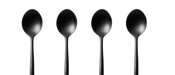 Row of four matte black tasting spoons standing upright with even spacing, isolated on transparent background.
