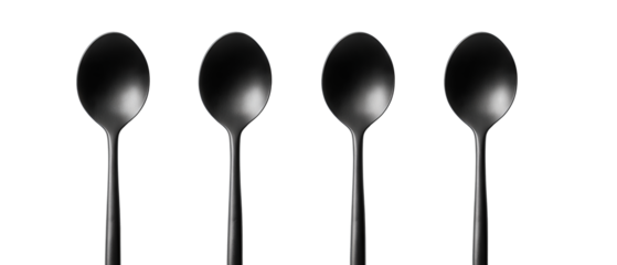 Row of four matte black tasting spoons standing upright with even spacing, isolated on transparent background.
