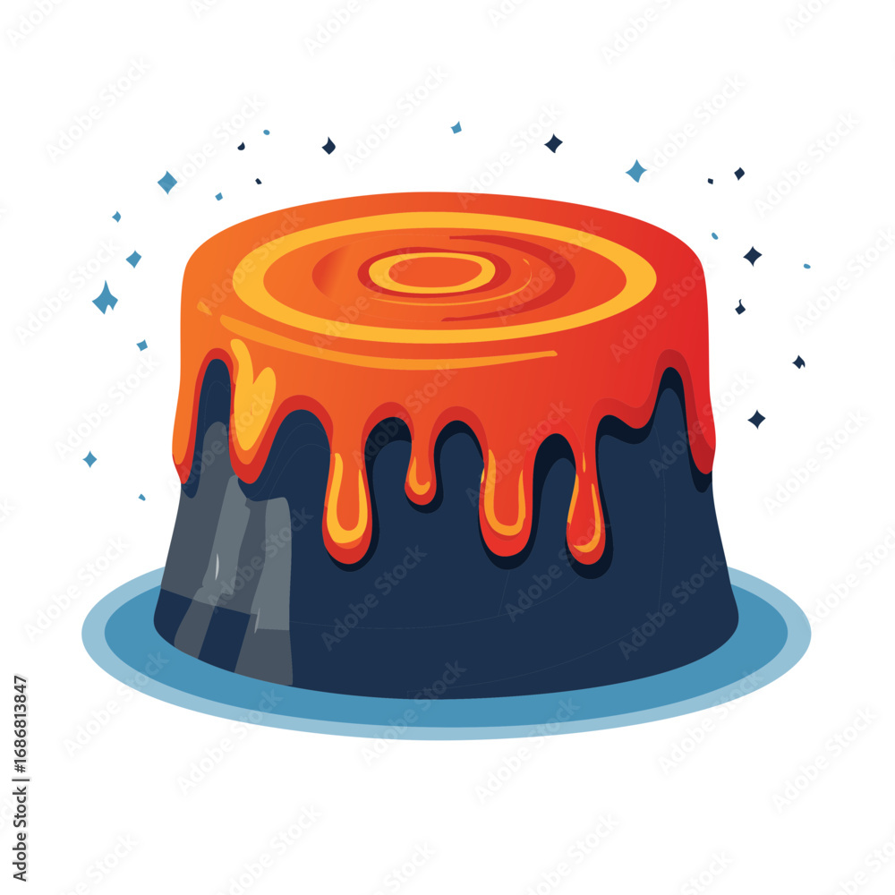 Poster stylized volcano eruption with flowing lava and sparkling elements