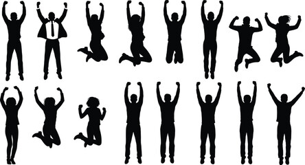 Black silhouettes of diverse people jumping in celebration with raised arms, business and casual attire, joyful poses, success and achievement concept