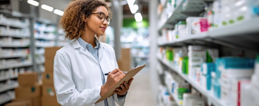The pharmacist reviewing inventory in a modern pharmacy environment.