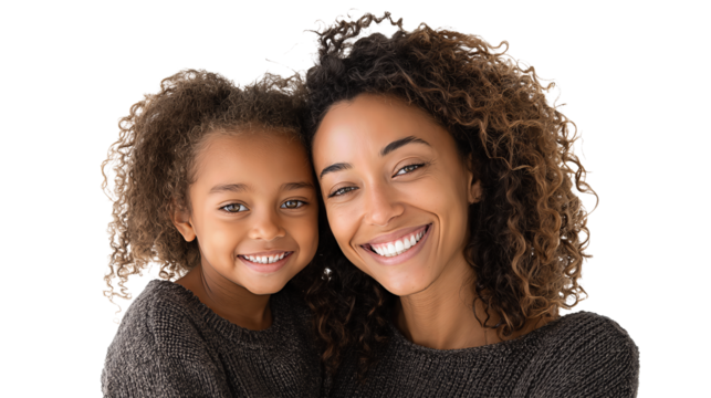 Smiling parent and child side by side in casual clothes, waist-up view, isolated on transparent background.
