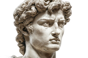 Classical Marble Sculpture of Male Head with Wavy Hair and Intense Expression on Transparent Background