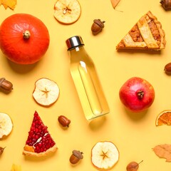 Autumnal food arrangement on a yellow background