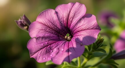 Fototapeta premium Pink Petunia Flower Dew Drops Garden.
