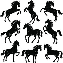 Set of black horse silhouettes in various rearing and standing poses, vector illustration, wild stallion graphic elements for design and decoration