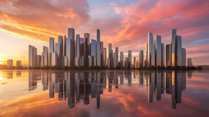 Fototapeta premium Gleaming skyscrapers reflect sunset sky futuristic city