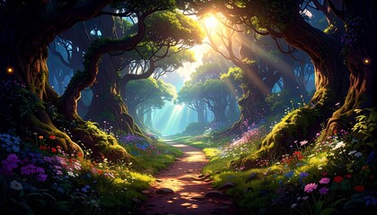 Sunlight streams through a vibrant forest path