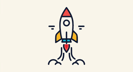Retro rocket launch with colorful flames and smoke against a light background, symbolizing innovation and new beginnings.