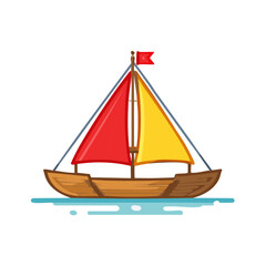 Fototapeta premium Vibrant illustrated sailboat with red and yellow sails and a red flag on calm blue water