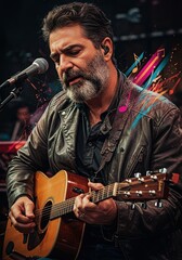 Obraz premium Man in Leather Jacket Singing and Playing Acoustic Guitar on Stage