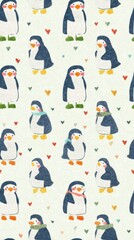 Obraz premium baby penguin with heart Cute Cartoon Penguin Pattern with Hearts and Scarf Accessories on Soft Textured Background a baby penguin giving a heart ิblur background, blur tiles wallpaper