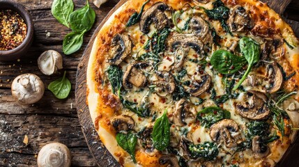 Delicious mushroom and spinach pizza on a rustic wooden table with spices, perfect for sharing and enjoying.