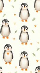 Naklejka premium baby penguin with heart Cute Plush Penguin Toys with Orange Beak and Feet, Surrounded by Heart and Leaf Patterns on White Background a baby penguin giving a heart, blur tiles wallpaper