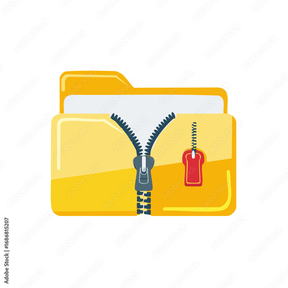 Poster yellow file folder with an open zipper illustrating data compression and archiving