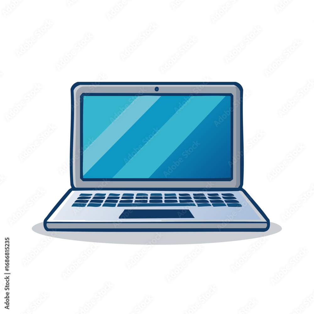 Poster stylized open laptop with a blue screen and a keyboard viewed from the front