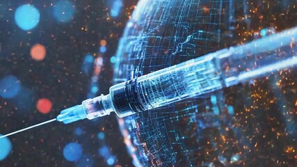 Syringe injecting medicine into futuristic digital world globe - Powered by Adobe