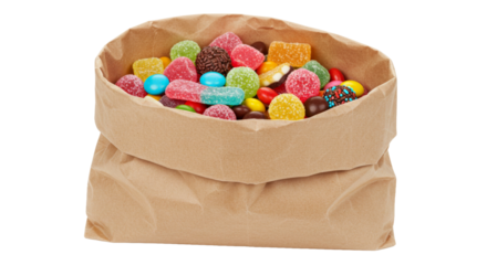 Paper bag full of colorful candies png isolated on transparent background