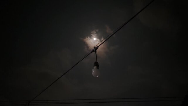 white bulb hanging in the night when the moon is shining