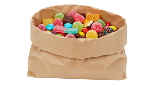Paper bag full of colorful candies png isolated on transparent background