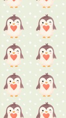 baby penguin with heart Cute Cartoon Penguins with Heart on Chest and Winking Facial Expression on Soft Pastel Background a baby penguin giving a heart ิblur background, blur tiles wallpaper