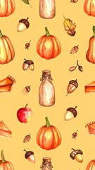 Autumnal food pattern on a pale yellow background