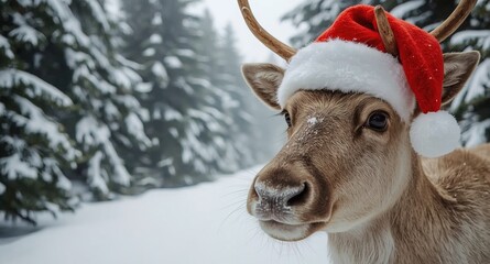 A close up Christmas reindeer in red Santa Claus cap in the snowy forest