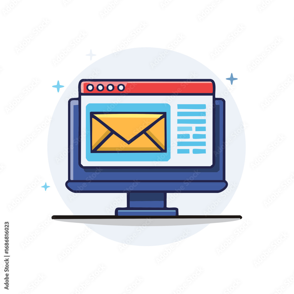Poster desktop computer screen displaying an email envelope graphic and text for digital communication