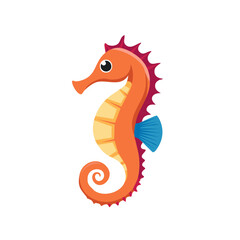 Naklejka premium Cartoon seahorse illustration, orange and yellow ocean animal with curly tail and blue fin.