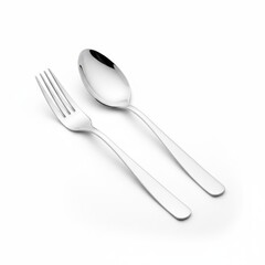 Polished Stainless Steel Spoon and Fork on White Background