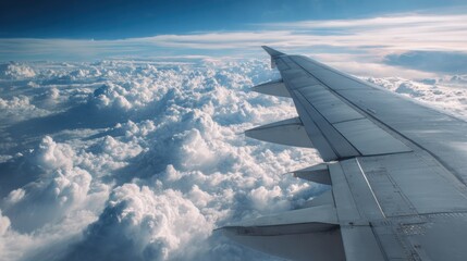Obraz premium airplane wing above fluffy clouds