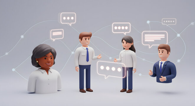 Conceptual 3D Render of Diverse Business Professionals Discussing Ideas Surrounded by Speech Bubbles and Connections: A Modern Communication Metaphor