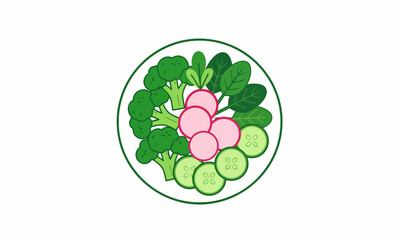 Colorful Illustration of a Fresh Salad Plate with Broccoli, Radishes, and Cucumber.